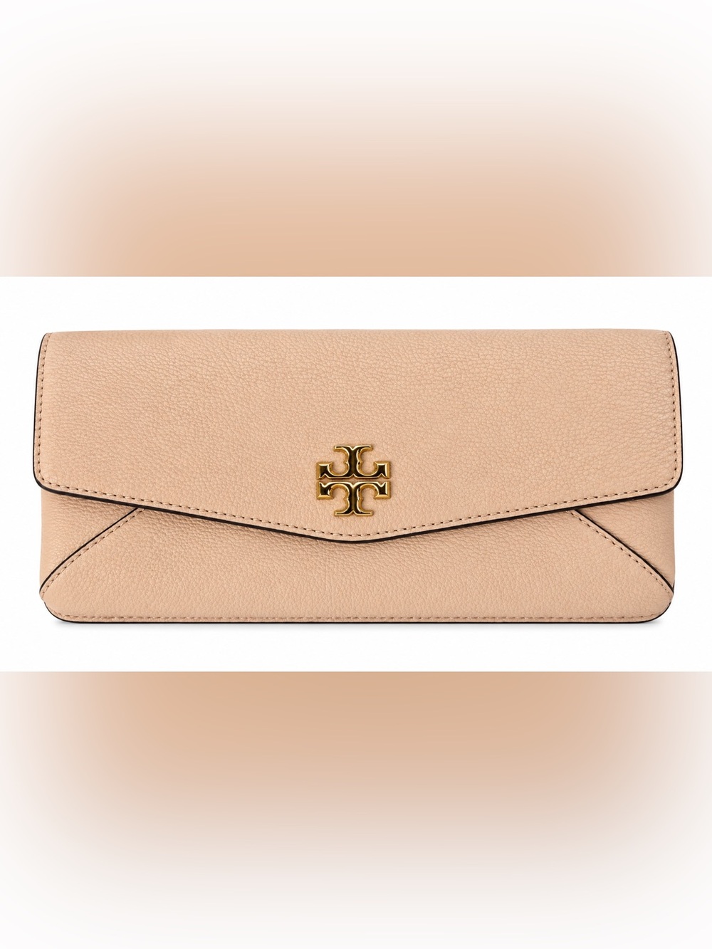 Tory Burch Kira Envelope Clutch Leather Devon Sand Nude Gold Logo $298 MSRP